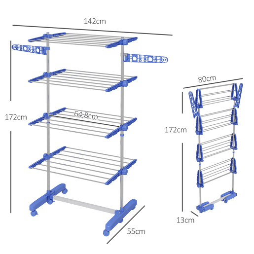 HOMCOM Estendal Vertical Dobrável de 4 Níveis Estendal de Roupa com 6 Rodas 2 Laterais Dobráveis Prateleiras Ajustáveis e Estrutura de Aço Inoxídável para Interior e Exterior Azul