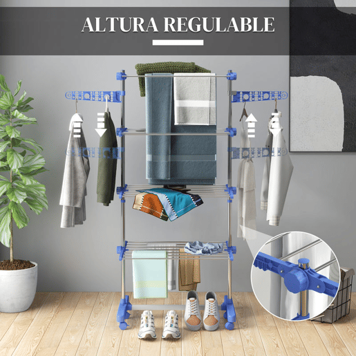 HOMCOM Estendal Vertical Dobrável de 4 Níveis Estendal de Roupa com 6 Rodas 2 Laterais Dobráveis Prateleiras Ajustáveis e Estrutura de Aço Inoxídável para Interior e Exterior Azul