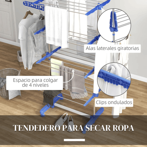 HOMCOM Estendal Vertical Dobrável de 4 Níveis Estendal de Roupa com 6 Rodas 2 Laterais Dobráveis Prateleiras Ajustáveis e Estrutura de Aço Inoxídável para Interior e Exterior Azul