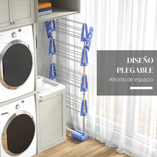 HOMCOM Estendal Vertical Dobrável de 4 Níveis Estendal de Roupa com 6 Rodas 2 Laterais Dobráveis Prateleiras Ajustáveis e Estrutura de Aço Inoxídável para Interior e Exterior Azul