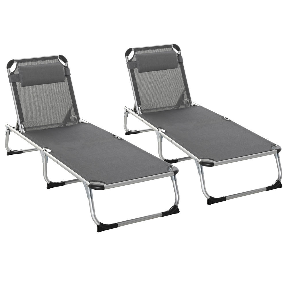 Outsunny conjunto de 2 tumbonas plegables de aluminio tumbonas de jardín reclinables con reposacabezas extraíble y respaldo ajustable en 4 posiciones para terraza piscina playa 165x60x76 cm gris