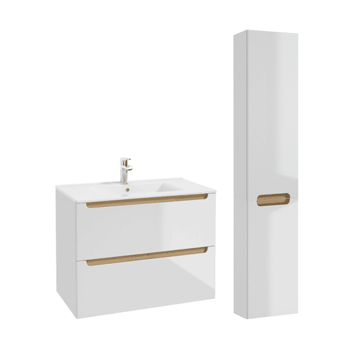 Conjunto móvel lavatório simples embutido 80cm 2 gavetas coluna Livia Branco Madeira