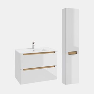 Conjunto móvel lavatório simples embutido 80cm 2 gavetas coluna Livia Branco Madeira