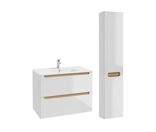 Conjunto de muebles con lavabo individual encastrado 80cm 2 cajones y columna livia blanco y madera
