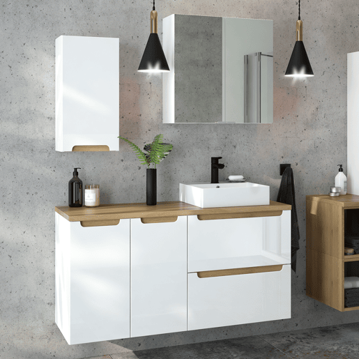 Móvel sob-lavatório 60cm 2 gavetas Livia Branco e Madeira