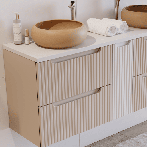 Móvel de lavatório 140cm 4 gavetas tampo Riva Caxemira e Branco