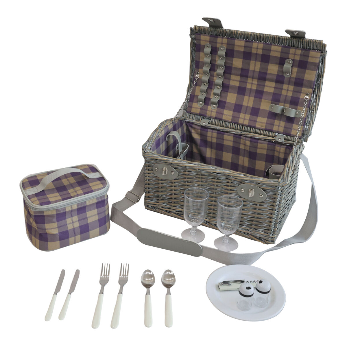 Cesta de picnic folldal con bolsa isotérmica para 2 personas 40x28x25cm - púrpura/beige[casa.pro]