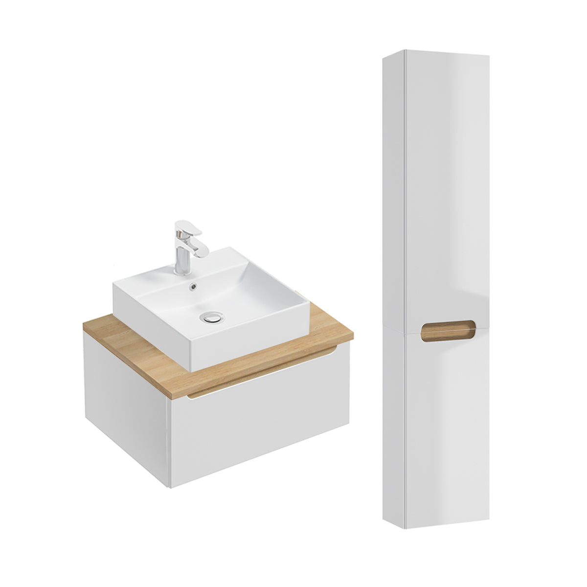 Conjunto de muebles con lavabo individual 60cm 1 cajón y columna livia blanco y madera