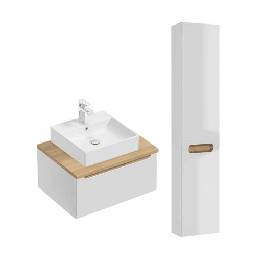 Conjunto móvel simples lavatório 60cm 1 gaveta e coluna Livia Branco e Madeira Conjunto móvel simples lavatório 60cm 1 gaveta e coluna Livia Branco e Madeira