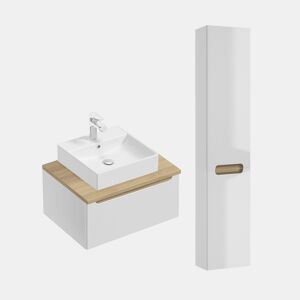 Conjunto móvel simples lavatório 60cm 1 gaveta e coluna Livia Branco e Madeira