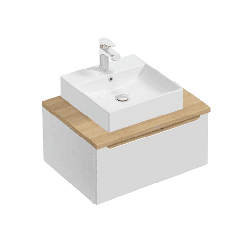 Conjunto móvel simples lavatório 60cm 1 gaveta e coluna Livia Branco e Madeira Conjunto móvel simples lavatório 60cm 1 gaveta e coluna Livia Branco e Madeira