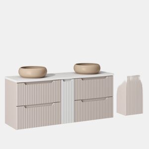 Móvel de lavatório duplo 140cm 4 gavetas e coluna Riva Caxemira e Branco