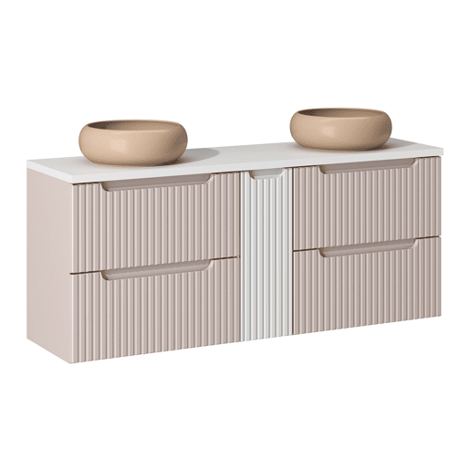 Móvel de lavatório duplo 140cm 4 gavetas e coluna Riva Caxemira e Branco