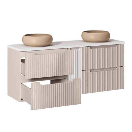 Móvel de lavatório duplo 140cm 4 gavetas e coluna Riva Caxemira e Branco