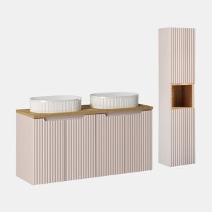 Conjunto móvel duplo lavatório 120cm 4 portas e coluna Riva Caxemira e Madeira