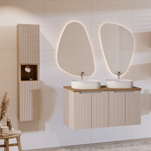 Conjunto móvel duplo lavatório 120cm 4 portas e coluna Riva Caxemira e Madeira