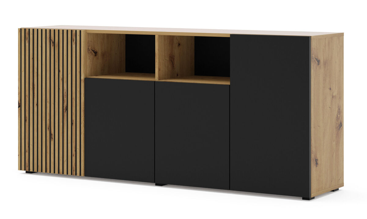 El aparador auris es de color beige y negro y de estilo moderno. mide 82x180x42 cm e incluye 1 y 4 puertas.
