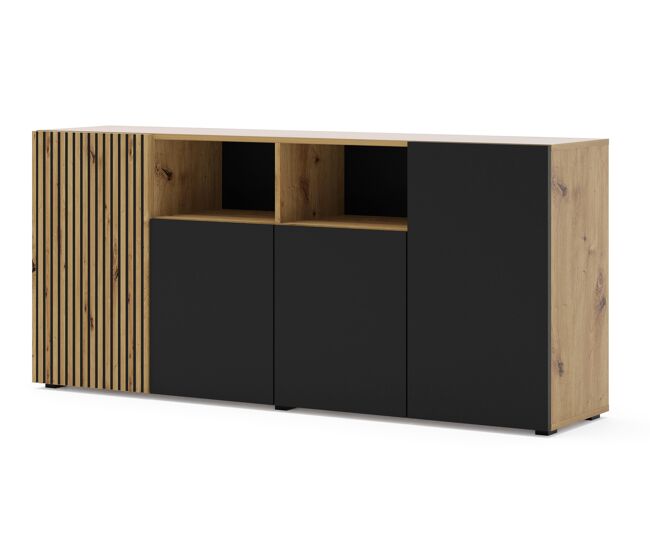 El aparador auris es de color beige y negro y de estilo moderno. mide 82x180x42 cm e incluye 1 y 4 puertas.