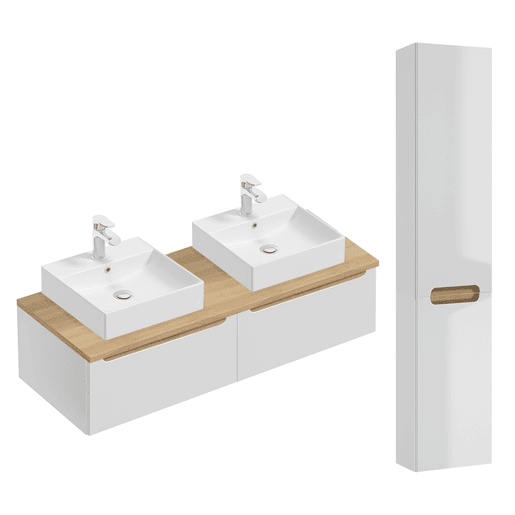 Móvel de lavatório duplo de 120 cm com 2 gavetas e móvel alto Livia branco e madeira