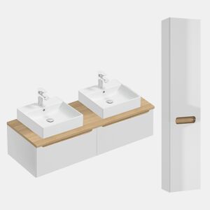 Móvel de lavatório duplo de 120 cm com 2 gavetas e móvel alto Livia branco e madeira