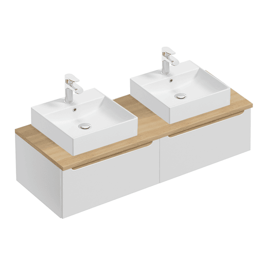 Móvel de lavatório duplo de 120 cm com 2 gavetas e móvel alto Livia branco e madeira