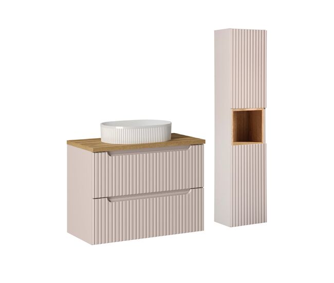 Conjunto de muebles con lavabo individual 80cm 2 cajones y columna riva cachemira y madera
