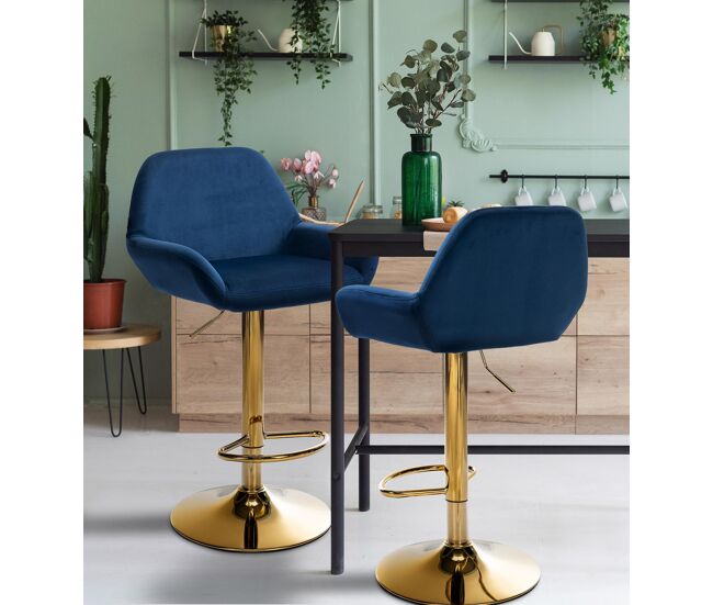 Taburete de bar braga en terciopelo con marco dorado azul 52x51x89 cm