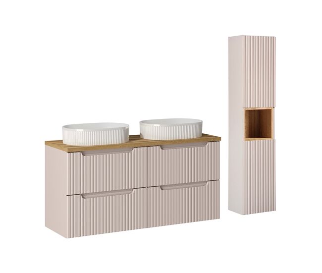 Conjunto de muebles con doble lavabo 120cm 4 cajones y columna riva cachemira y madera