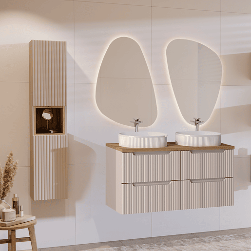 Conjunto lavatório duplo 120cm 4 gavetas coluna Riva Cashmere Madeira