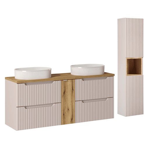 Conjunto lavatório duplo 140cm 4 gavetas coluna Riva Cashmere Madeira
