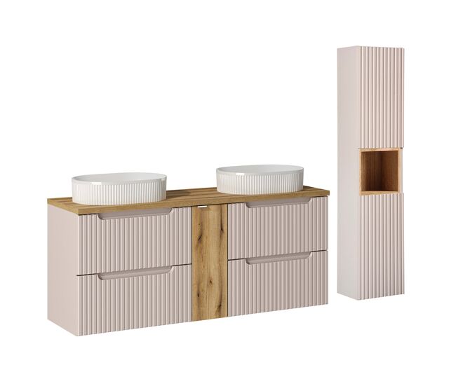 Conjunto de muebles con doble lavabo 140 cm 4 cajones y columna riva cachemira y madera