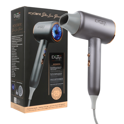 Italian Design - Cyclone Blue Ionic Power Secador de cabelo iônico profissional - Secador de cabelo com potência de 2200W, 3 modos de aquecimento, botão de ar frio, 3 velocidades e função iônica - cinza