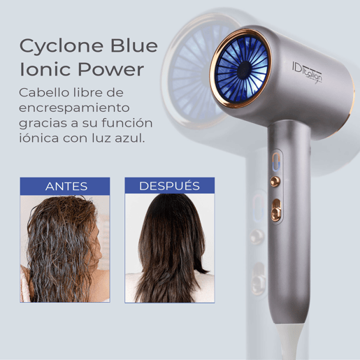 Italian Design - Cyclone Blue Ionic Power Secador de cabelo iônico profissional - Secador de cabelo com potência de 2200W, 3 modos de aquecimento, botão de ar frio, 3 velocidades e função iônica - cinza