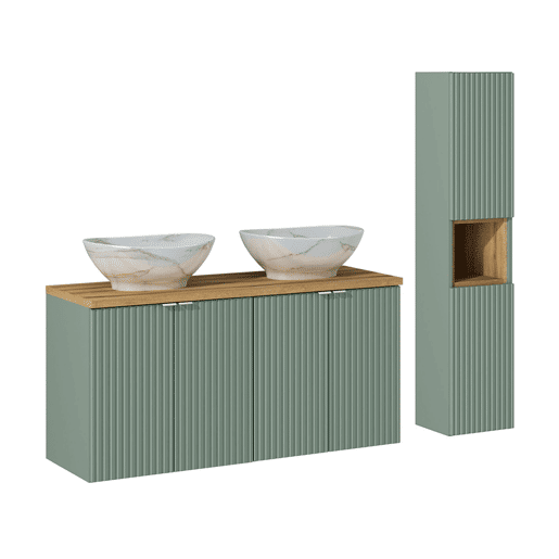 Conjunto de lavatório duplo de 120 cm com 4 portas e pedestal Jade verde e madeira