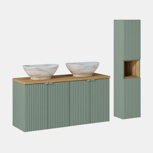 Conjunto de lavatório duplo de 120 cm com 4 portas e pedestal Jade verde e madeira