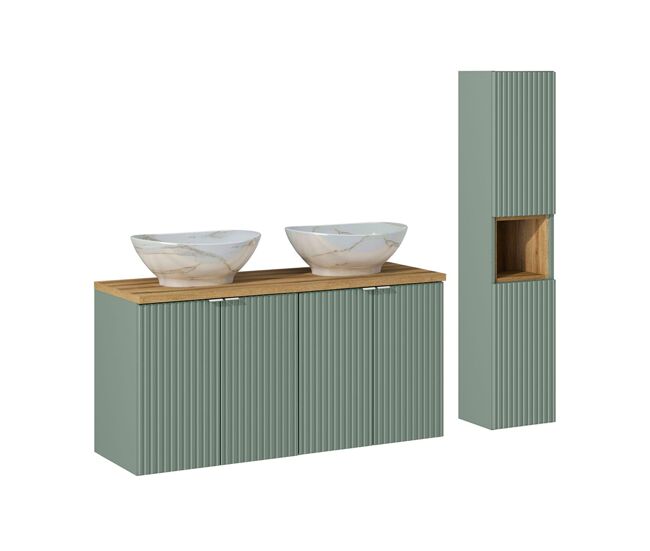 Conjunto de muebles doble lavabo 120cm 4 puertas y columna jade verde y madera