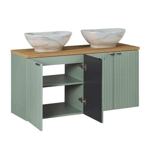 Conjunto de lavatório duplo de 120 cm com 4 portas e pedestal Jade verde e madeira