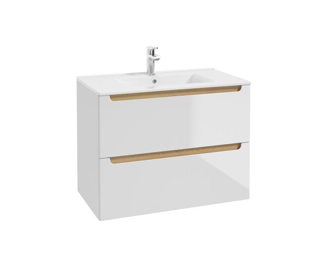 Mueble lavabo individual encastrado 80cm 2 cajones Livia Blanco y Madera