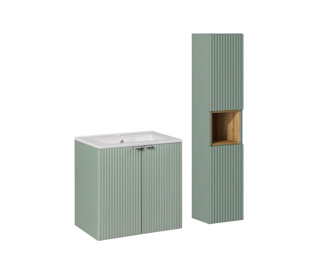 Conjunto de muebles lavabo individual encastrado 60cm 2 puertas y columna jade verde y madera