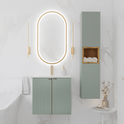 Conjunto móvel lavatório simples encastrado 60cm 2 portas e coluna Verde Jade e Madeira