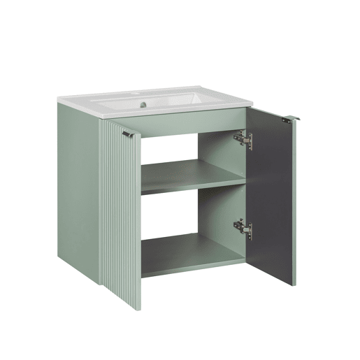 Conjunto móvel lavatório simples encastrado 60cm 2 portas e coluna Verde Jade e Madeira