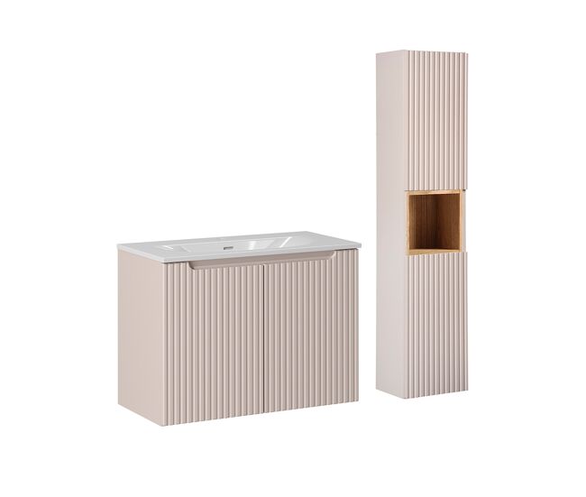 Conjunto de muebles con lavabo individual encastrado 80cm 2 puertas y columna riva cachemira y madera