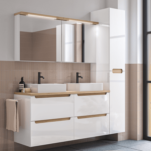 Lavatório duplo Livia Branco e Madeira 120cm com 4 gavetas