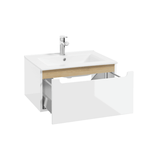 Móvel simples lavatório encastrado 60cm 1 gaveta Livia Branco e Madeira