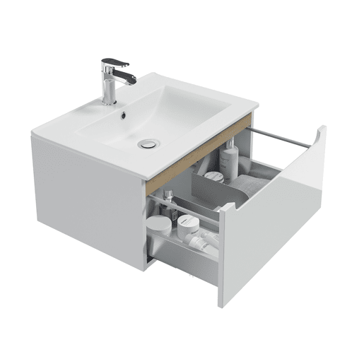 Móvel simples lavatório encastrado 60cm 1 gaveta Livia Branco e Madeira