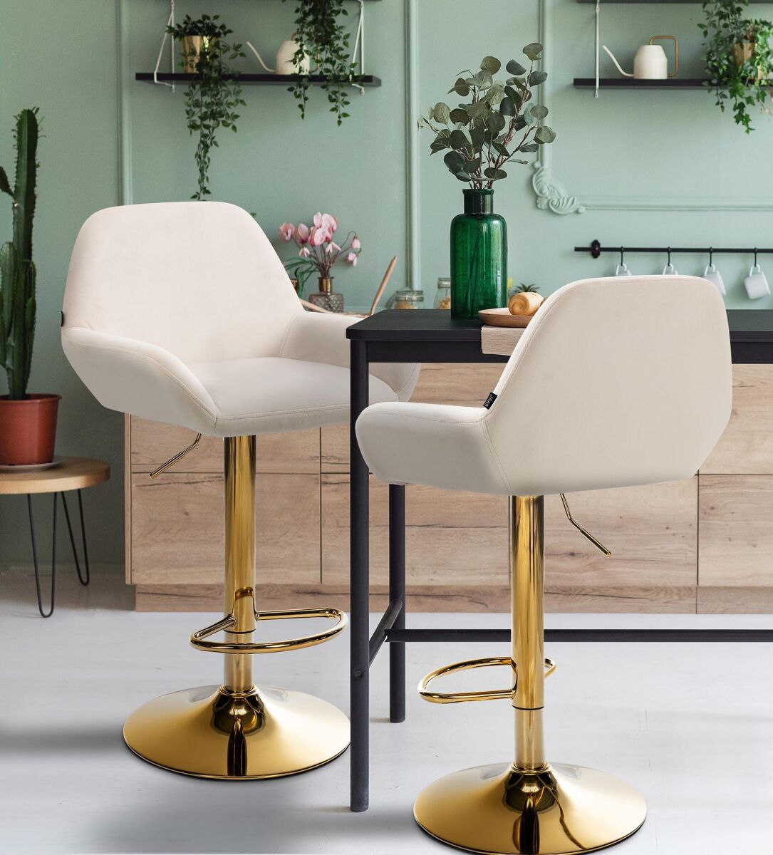 Set de 2 taburetes de bar braga en terciopelo con marco dorado crema 52x51x89 cm