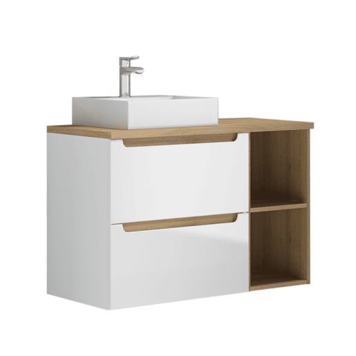 Móvel simples lavatório 90cm 2 nichos Livia Branco e Madeira Móvel simples lavatório 90cm 2 nichos Livia Branco e Madeira