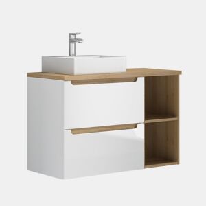 Móvel simples lavatório 90cm 2 nichos Livia Branco e Madeira