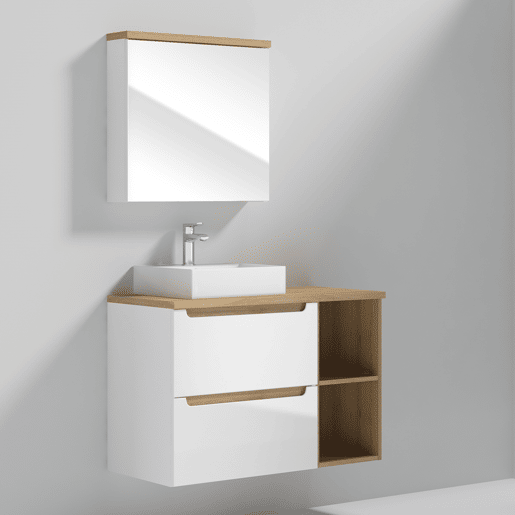 Móvel simples lavatório 90cm 2 nichos Livia Branco e Madeira Móvel simples lavatório 90cm 2 nichos Livia Branco e Madeira