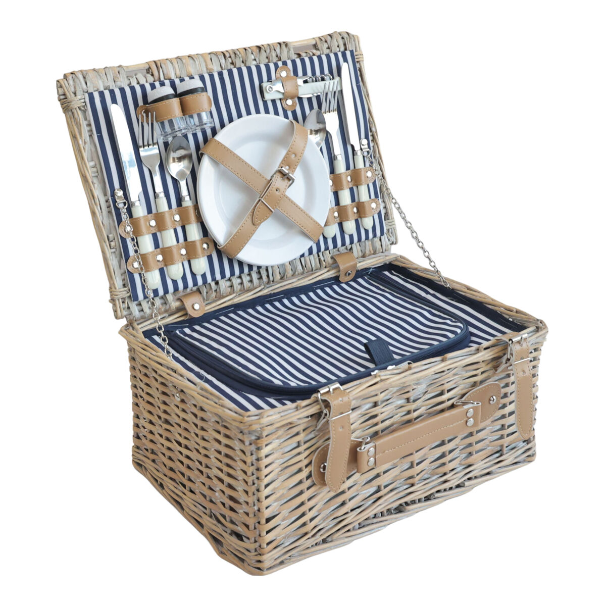 Cesta de picnic lumparland para 2 personas con hielera 40x28x20cm - blanco / azul [casa.pro]